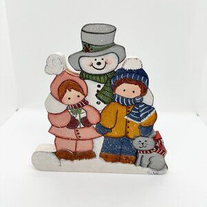 Vintage Handmade Painted Wood Holiday Christmas Decor Snowman Snow Cat